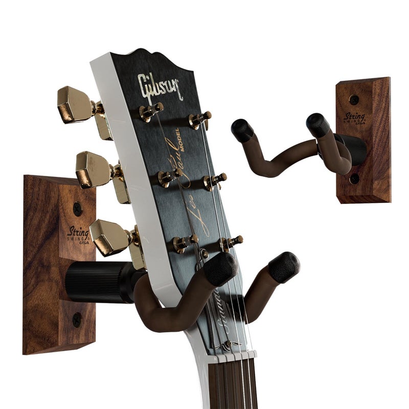 String Swing Guitar Hanger - Holder for Electric Acoustic and Bass Guitars - Stand Accessories Home or Studio Wall - Musical Instruments Safe without Hard Cases - Black Walnut Hardwood CC01K-BW 2-Pack - Image 1